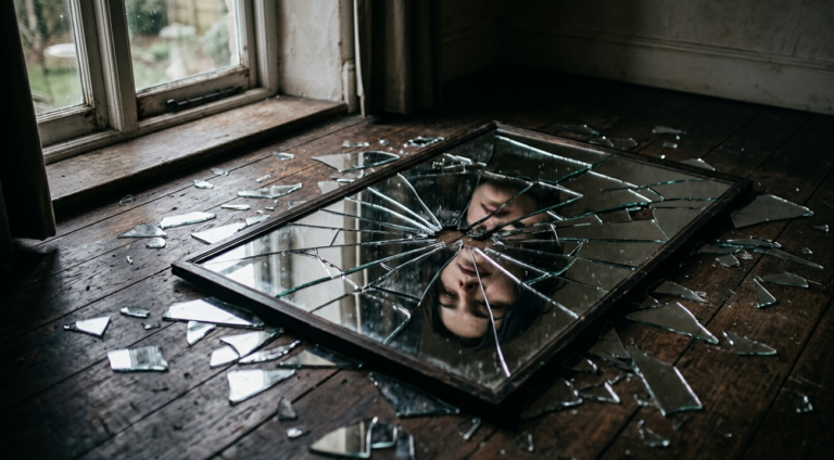 A shattered mirror on a dark wooden floor reflecting a distorted human face with soft natural light from a window.