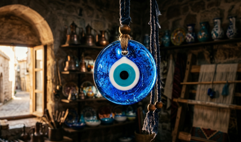 A handcrafted blue glass Turkish Nazar Boncugu evil eye amulet hanging in a rustic workshop with cinematic lighting.
