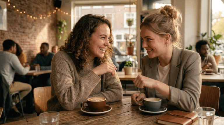 A photo of two young women in a cozy cafe, with one smiling woman rapping her knuckles on the wooden table for the "knock on wood" superstition.