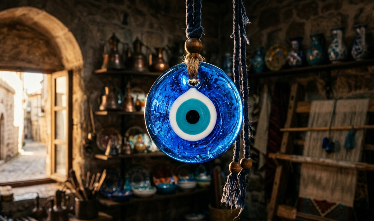 A handcrafted blue glass Turkish Nazar Boncugu evil eye amulet hanging in a rustic workshop with cinematic lighting.