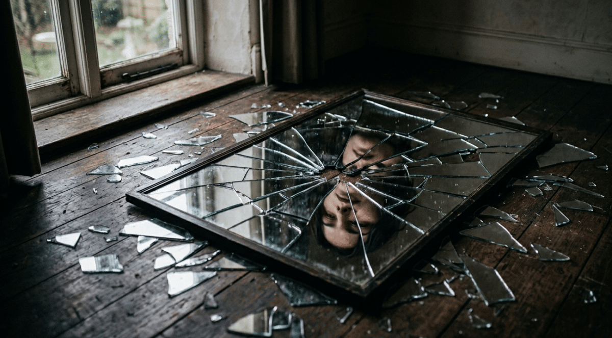 A shattered mirror on a dark wooden floor reflecting a distorted human face with soft natural light from a window.