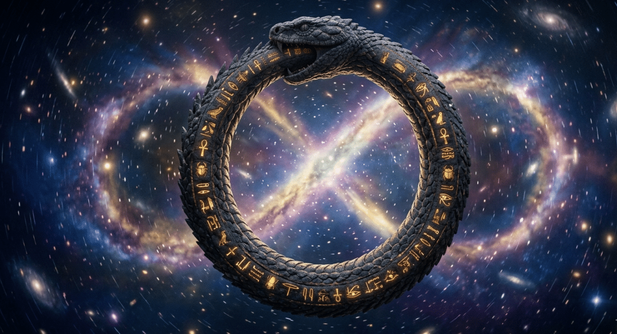 A stone-textured Ouroboros with glowing Egyptian hieroglyphs floating in a deep space nebula with an infinity-shaped galaxy.